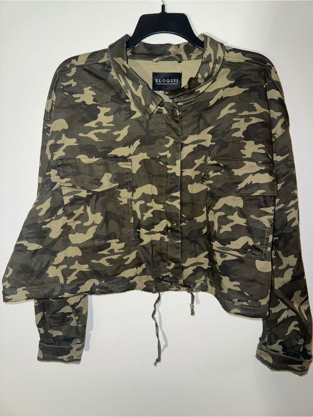 Eloquii Cropped Camo Drawstring Jacket - Olive